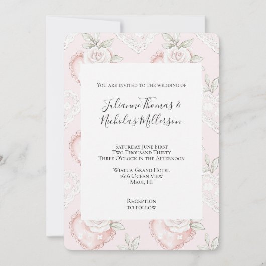 Witte Rozen Kant Harten Wedding Kaart (Voorkant)