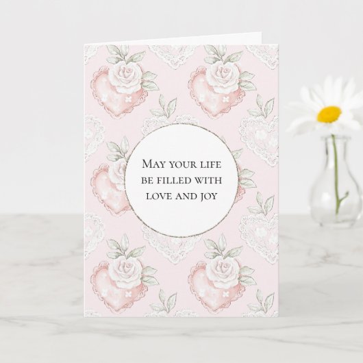 Witte Rozen Kant Harten Wedding Kaart (Kleine Plant)
