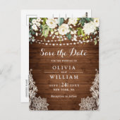 Witte Rozen Kant Rustieke Bruiloft Save the Date Briefkaart (Voorkant / Achterkant)
