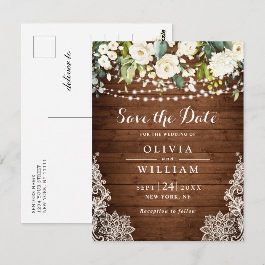 Witte Rozen Kant Rustieke Bruiloft Save the Date Briefkaart (Voorkant / Achterkant)