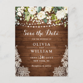 Witte Rozen Kant Rustieke Bruiloft Save the Date Briefkaart