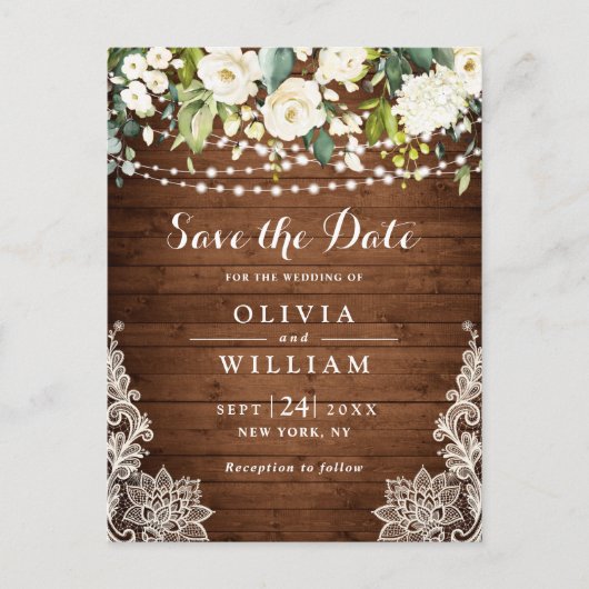 Witte Rozen Kant Rustieke Bruiloft Save the Date Briefkaart (Voorkant)