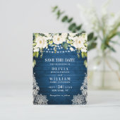 Witte Rozen Kant Rustieke Bruiloft Save the Date Briefkaart (Staand voorkant)