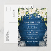 Witte Rozen Kant Rustieke Bruiloft Save the Date Briefkaart (Voorkant / Achterkant)
