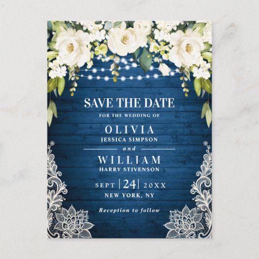 Witte Rozen Kant Rustieke Bruiloft Save the Date Briefkaart (Voorkant)
