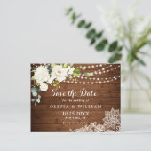 Witte Rozen Kant Rustieke Bruiloft Save the Date Briefkaart (Staand voorkant)