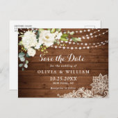 Witte Rozen Kant Rustieke Bruiloft Save the Date Briefkaart (Voorkant / Achterkant)