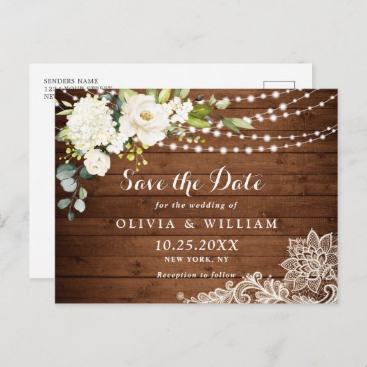 Witte Rozen Kant Rustieke Bruiloft Save the Date Briefkaart (Voorkant / Achterkant)