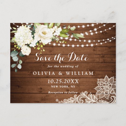 Witte Rozen Kant Rustieke Bruiloft Save the Date Briefkaart (Voorkant)