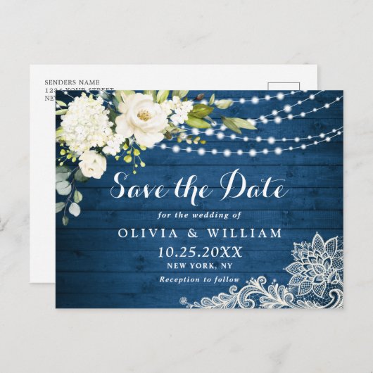 Witte Rozen Kant Rustieke Bruiloft Save the Date Briefkaart (Voorkant / Achterkant)