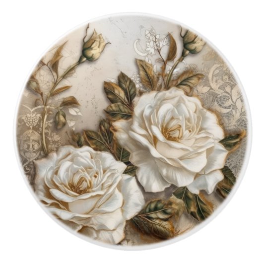 Witte Rozen Keramische Knop (Voorkant)