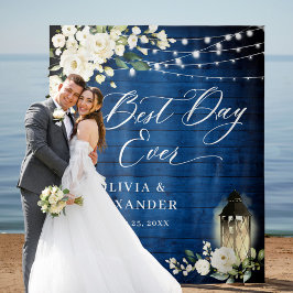 Witte Rozen Koningsblauw Houten Trouw Achtergrond Wandkleed