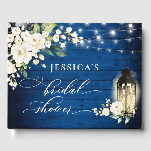 Witte rozen Koninklijk blauwe houten lantaarn Brui Gastenboek (Voorkant)