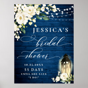 Witte Rozen Lantaarn Blauwe Houten Bruiloftsborrel Poster