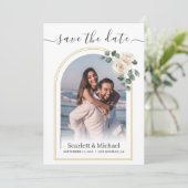 Witte rozen Lente Bloemige Romantische Bruiloft Save The Date (Staand voorkant)
