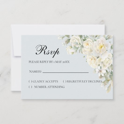 Witte Rozen Lichtblauwe RSVP Kaart (Voorkant)