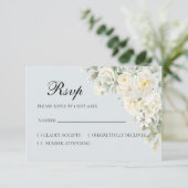 Witte Rozen Lichtblauwe RSVP Kaart (Staand voorkant)