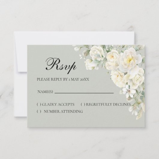 Witte Rozen Lichtgroene RSVP kaart (Voorkant)