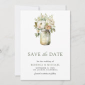 Witte Rozen Mason Jar foto bruiloft Save The Date (Voorkant)