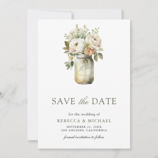 Witte Rozen Mason Jar foto bruiloft Save The Date (Voorkant)