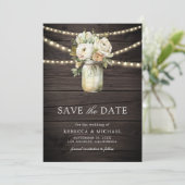 Witte Rozen Mason Jar Foto Hout Huwelijk Save The Date (Staand voorkant)
