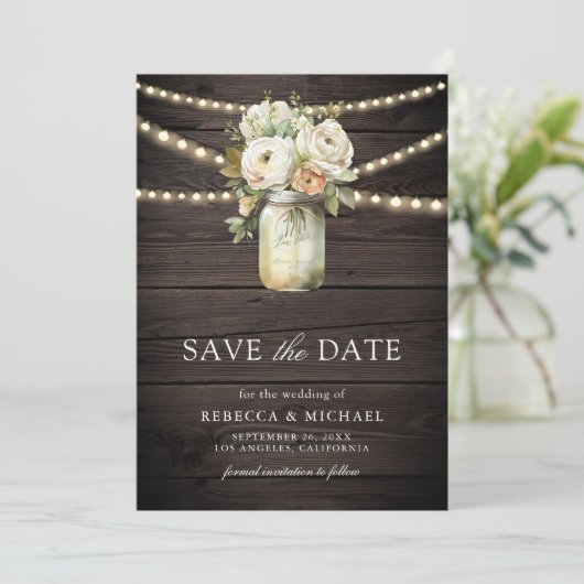 Witte Rozen Mason Jar Foto Hout Huwelijk Save The Date (Staand voorkant)