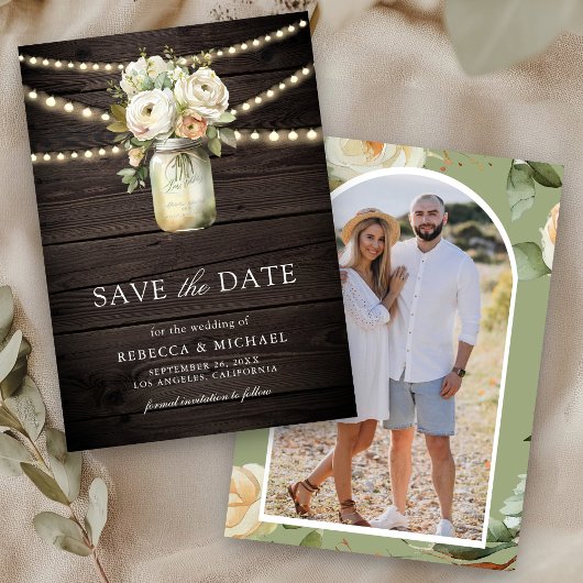 Witte Rozen Mason Jar Foto Hout Huwelijk Save The Date