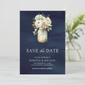 Witte Rozen Mason Jar Foto Marine Blauwe Huwelijk Save The Date (Staand voorkant)