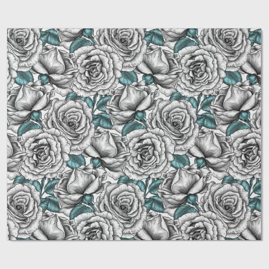 Witte rozen met blauwe bladeren cadeaupapier (Vlak)