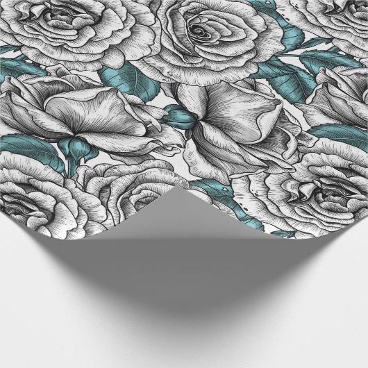 Witte rozen met blauwe bladeren cadeaupapier (Hoek)