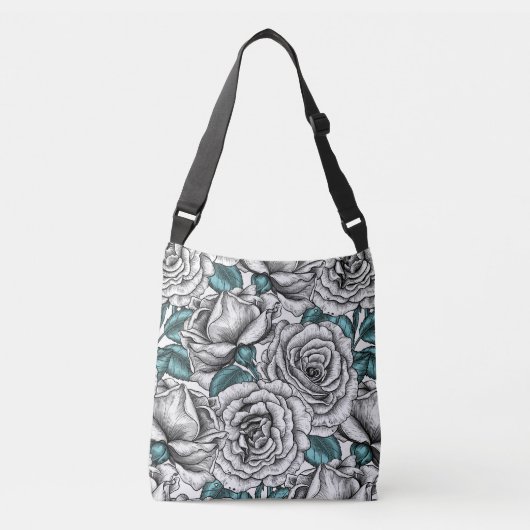 Witte rozen met blauwe bladeren crossbody tas (Voorkant)