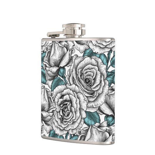 Witte rozen met blauwe bladeren heupfles (Links)