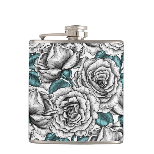 Witte rozen met blauwe bladeren heupfles (Voorkant)