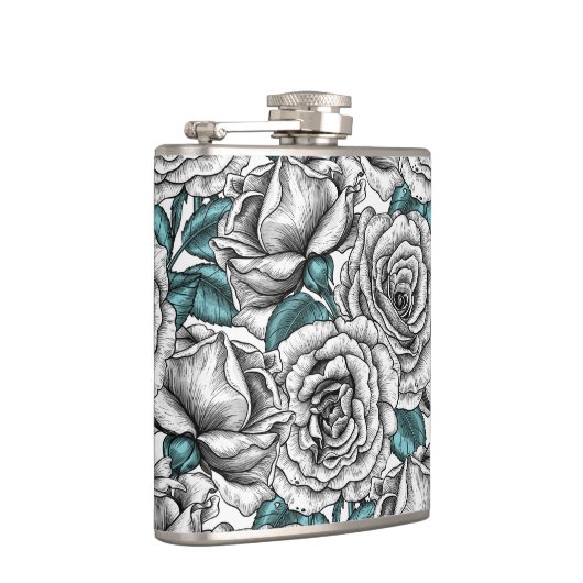 Witte rozen met blauwe bladeren heupfles (Rechts)