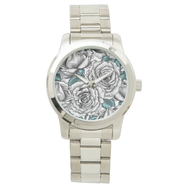 Witte rozen met blauwe bladeren horloge (Voorkant)