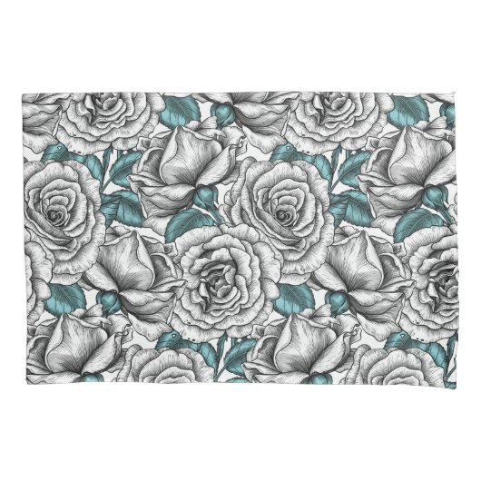 Witte rozen met blauwe bladeren kussensloop (Voorkant)