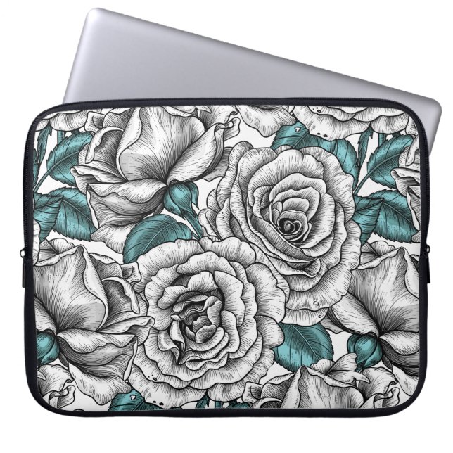 Witte rozen met blauwe bladeren laptop sleeve (Voorkant)