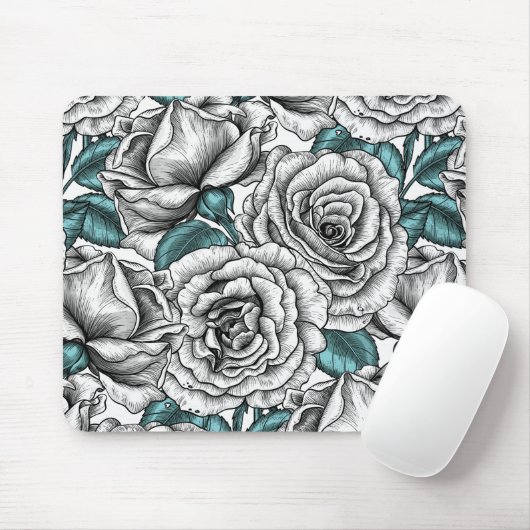 Witte rozen met blauwe bladeren muismat (Met muis)