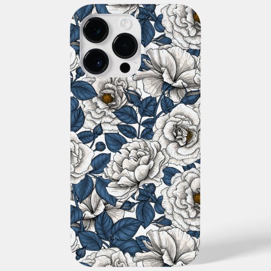 Witte rozen met blauwe bladeren op wit Case-Mate iPhone case (Achterkant)