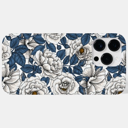 Witte rozen met blauwe bladeren op wit Case-Mate iPhone case (Achterkant (horizontaal))