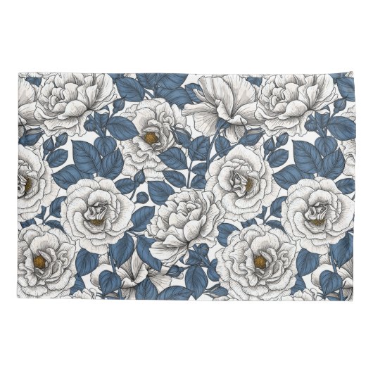 Witte rozen met blauwe bladeren op wit kussensloop (Achterkant-Links)