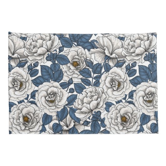 Witte rozen met blauwe bladeren op wit kussensloop (Achterkant-Rechts)