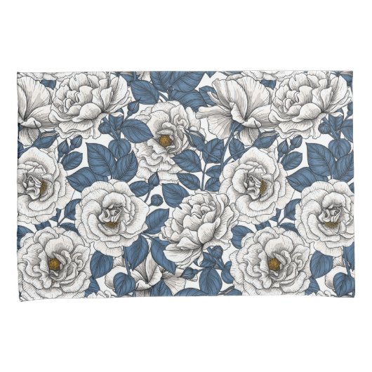 Witte rozen met blauwe bladeren op wit kussensloop (Voorkant-Rechts)