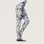 Witte rozen met blauwe bladeren op wit leggings (Rechts)