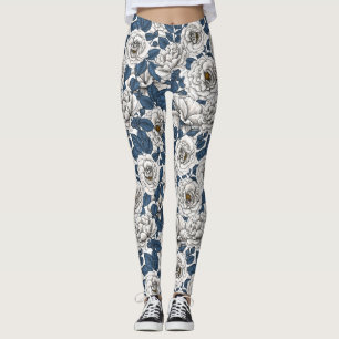 Witte rozen met blauwe bladeren op wit leggings