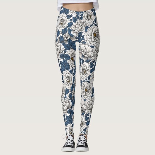 Witte rozen met blauwe bladeren op wit leggings (Voorkant)