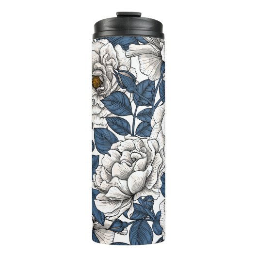 Witte rozen met blauwe bladeren op wit thermosbeker (Voorkant)