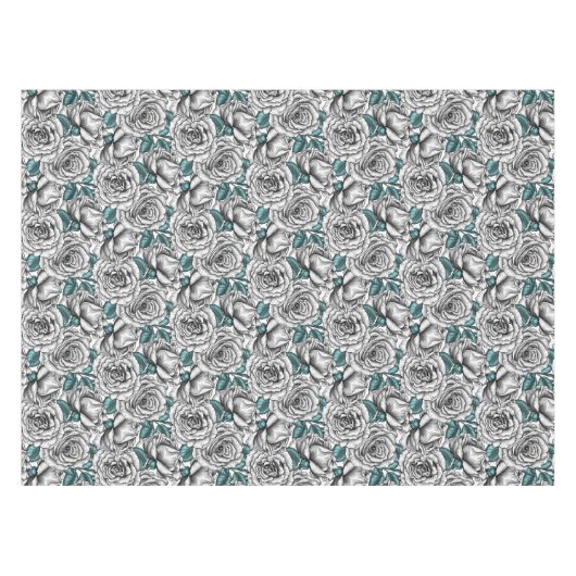 Witte rozen met blauwe bladeren tafelkleed (Voorkant (Horizontaal))