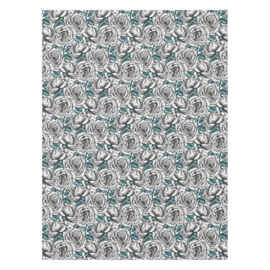 Witte rozen met blauwe bladeren tafelkleed (Voorkant)