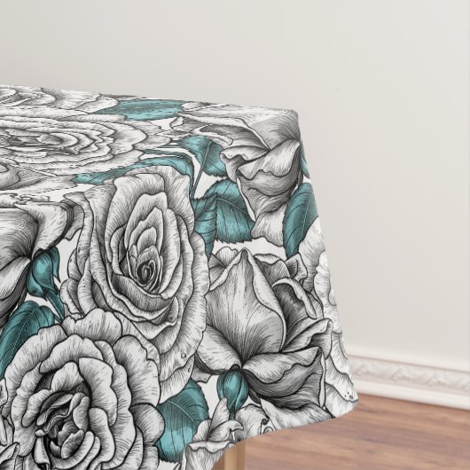 Witte rozen met blauwe bladeren tafelkleed (Voorbeeld)